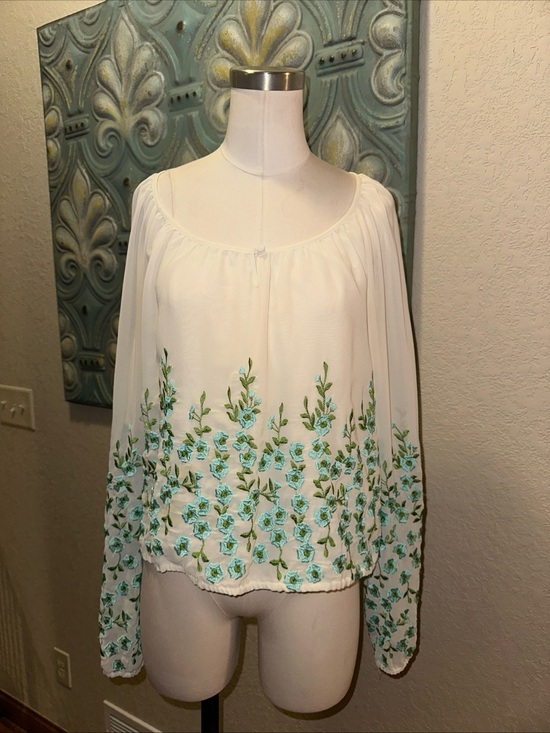 Free People Tops - Free People Forget Me Not Embroidered Floral Blouse White Blue Boho Medium M